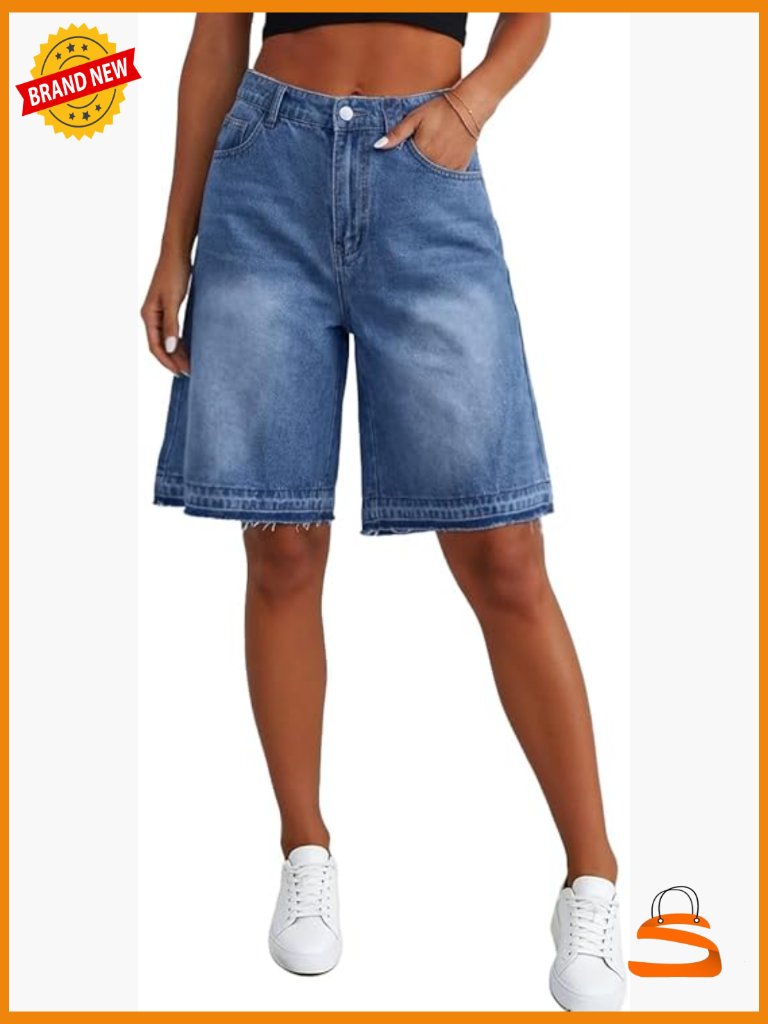 Women Plus Size Denim Bermuda Shorts High Waisted Baggy Knee Length Jorts